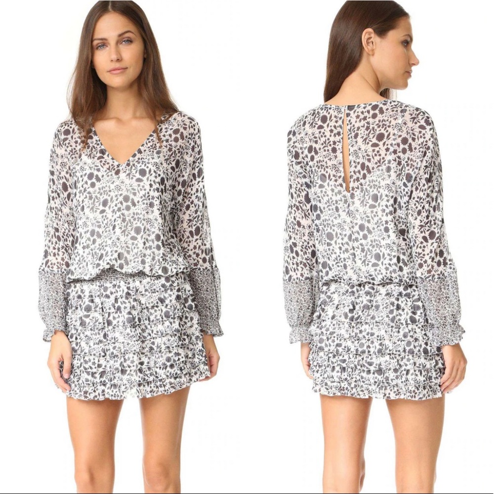 Rebecca Minkoff Saffron Smocked Waist Floral Ruffle V-Neck Mini Dress EUC XS